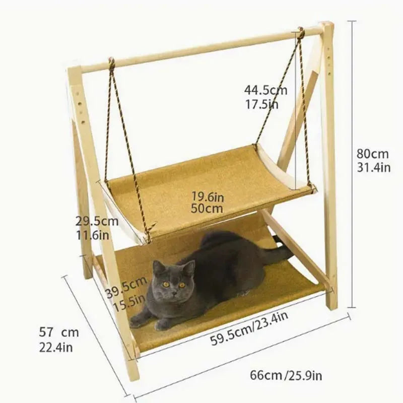 Cozy Dual Level Wooden Cat Swing Bed Raised Pet Hammock with Beige Fabric Sturdy All Season Comfort