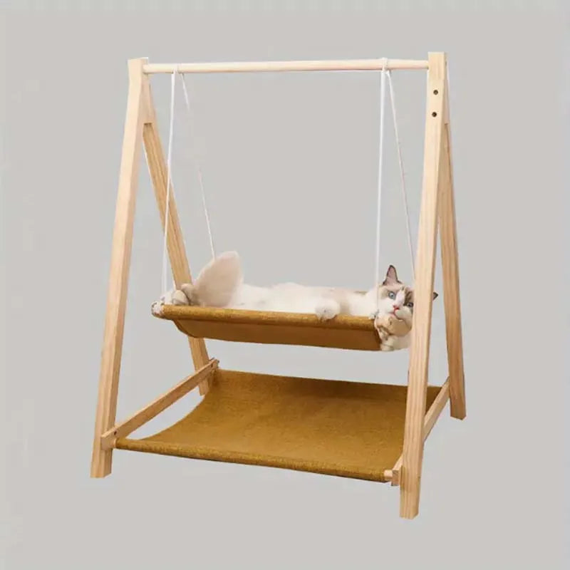 Cozy Dual Level Wooden Cat Swing Bed Raised Pet Hammock with Beige Fabric Sturdy All Season Comfort
