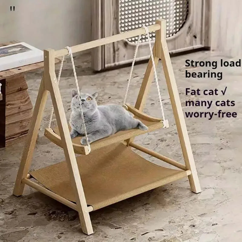 Cozy Dual Level Wooden Cat Swing Bed Raised Pet Hammock with Beige Fabric Sturdy All Season Comfort