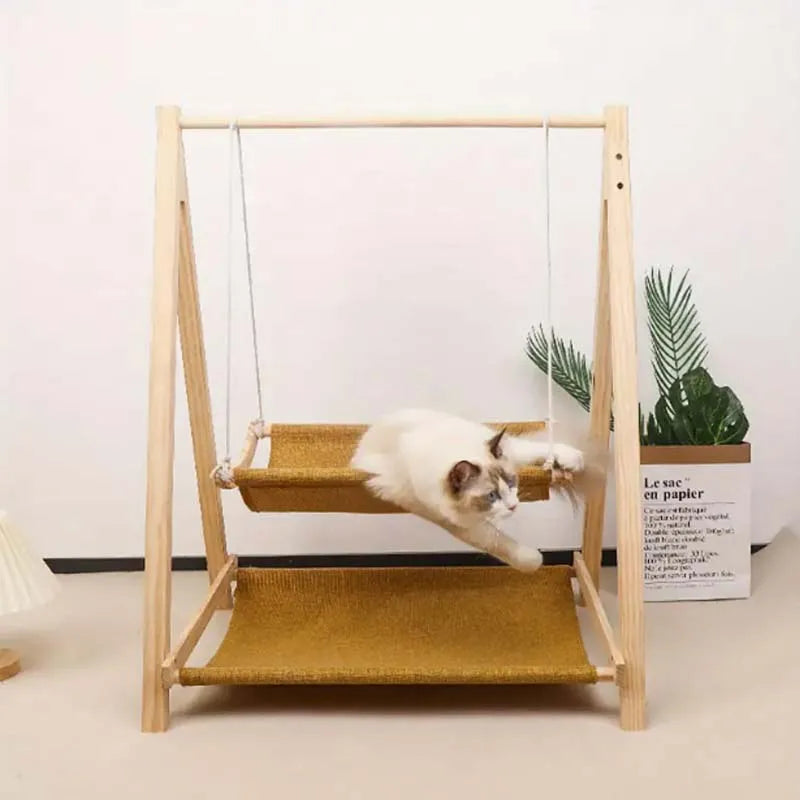 Cozy Dual Level Wooden Cat Swing Bed Raised Pet Hammock with Beige Fabric Sturdy All Season Comfort