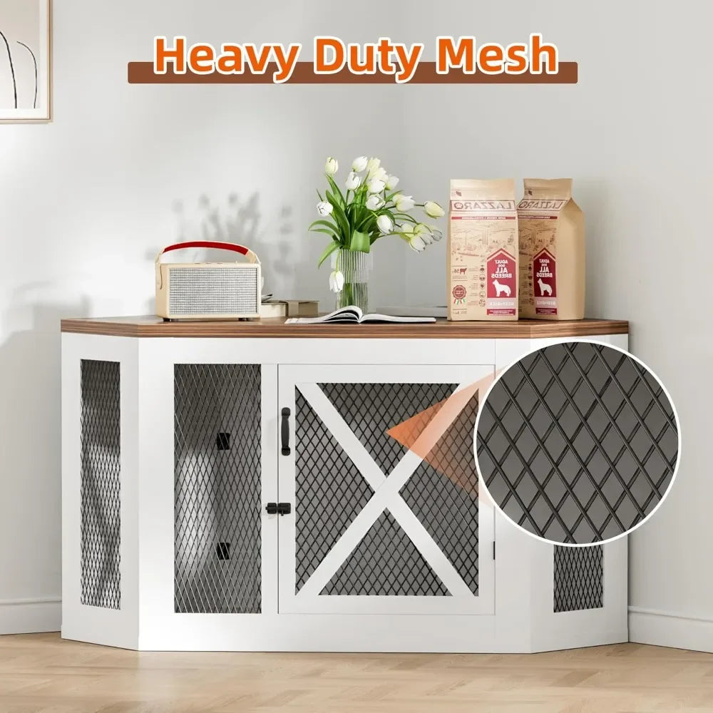 Corner Dog Crate Furniture Wooden Dog Kennel End Table with Mesh for Small Medium Large Dogs