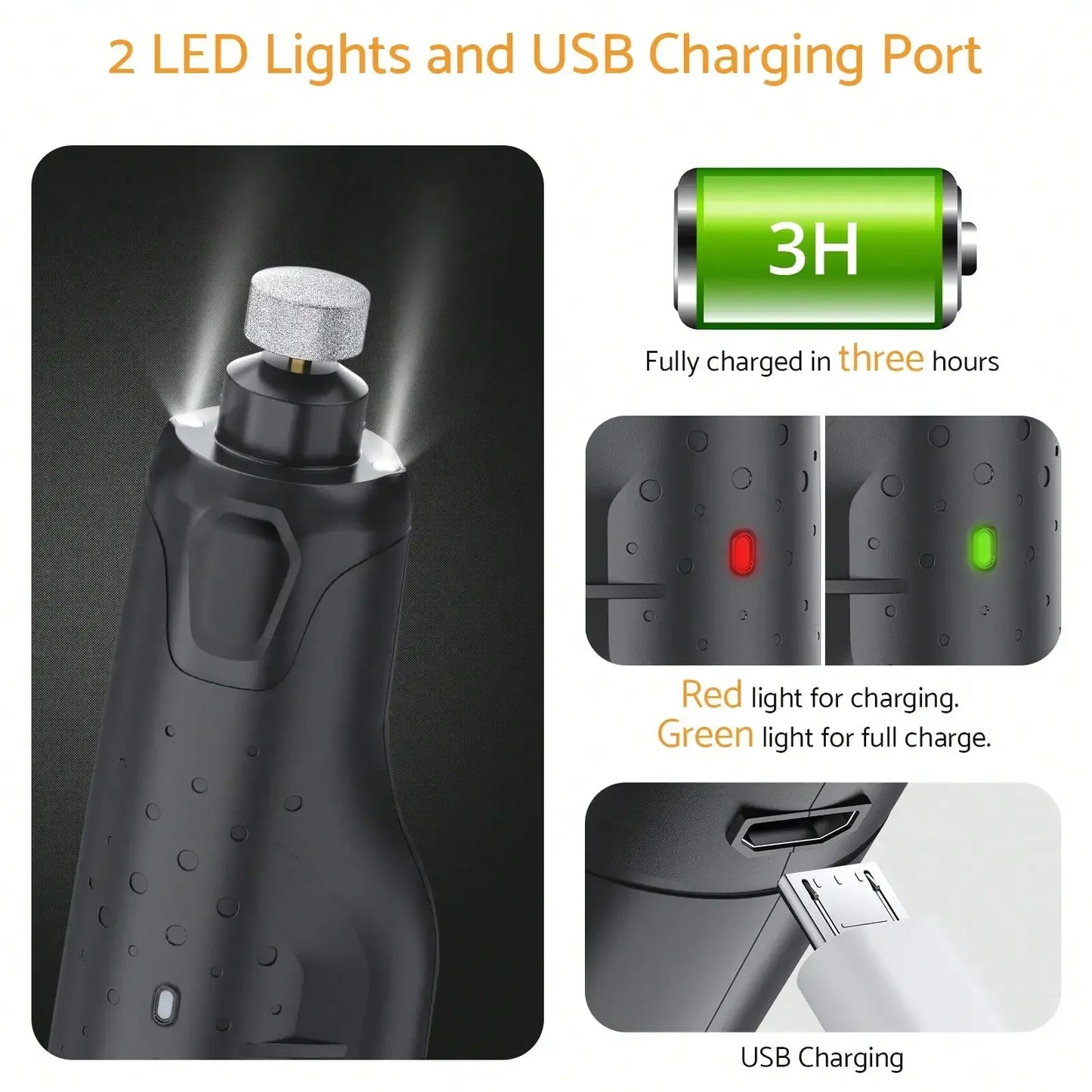 Quiet 6 Speed USB Rechargeable Electric Dog Nail Grinder with LED Lights for All Dog Sizes