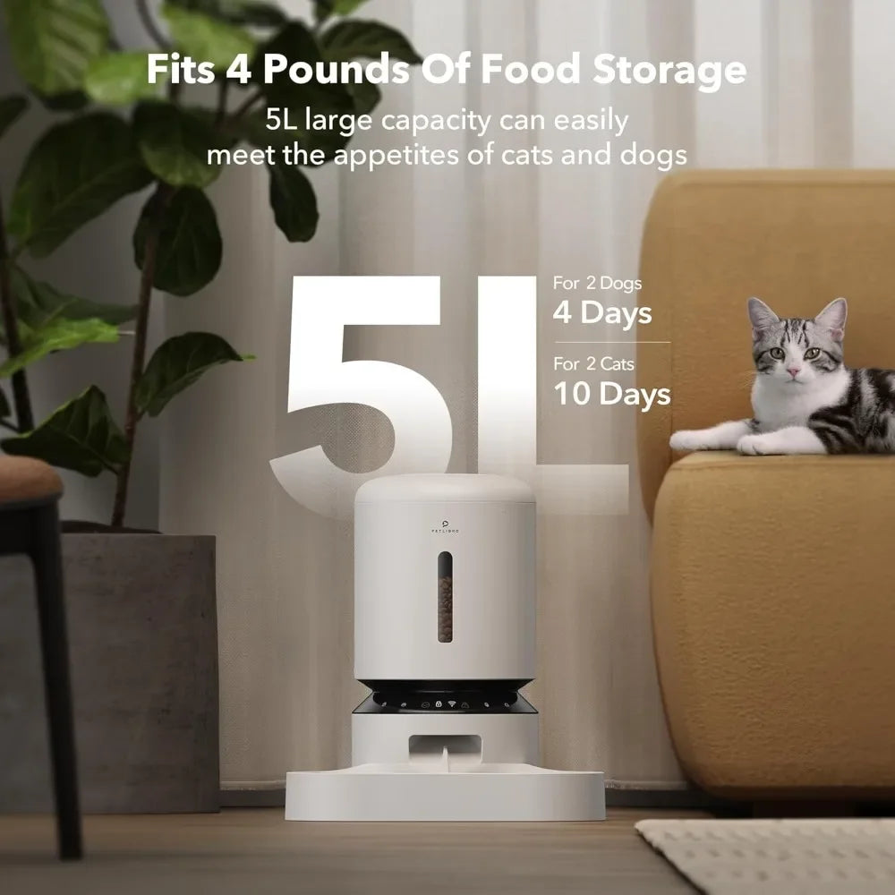 Automatic Cat Feeder 5G WiFi Pet Feeder for Two Cats or Dogs with Remote Control 5L Food Dispenser and Low Food Sensor