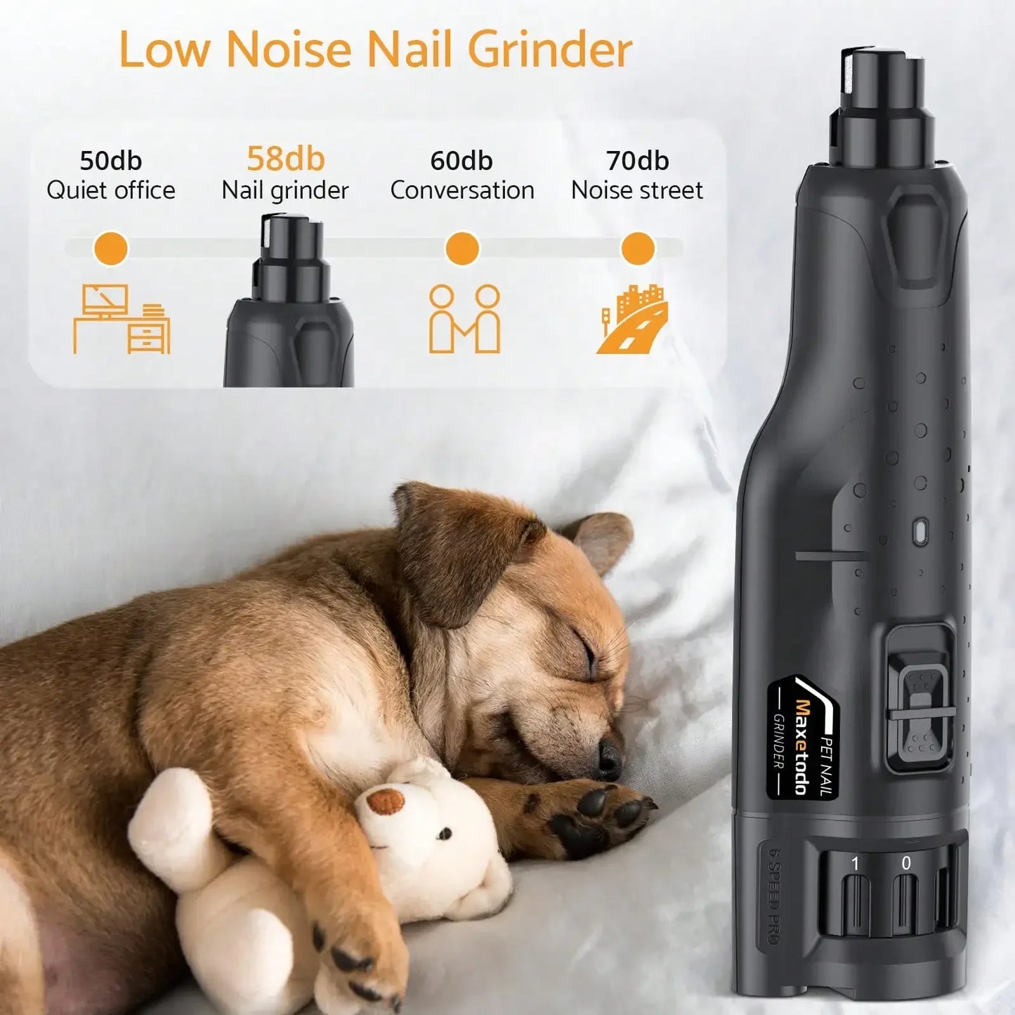 Quiet 6 Speed USB Rechargeable Electric Dog Nail Grinder with LED Lights for All Dog Sizes