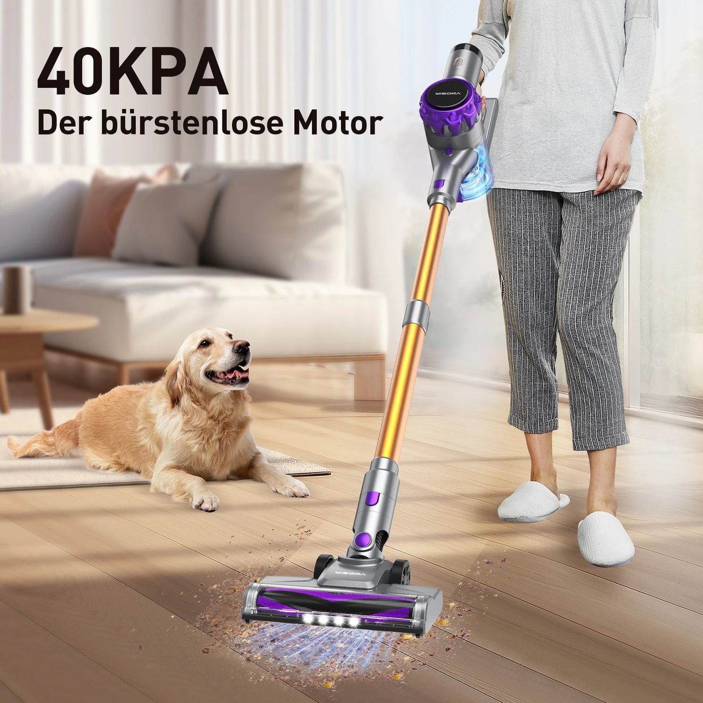 YISORA Cordless Vacuum Cleaner 40Kpa Powerful Suction 55 Minutes Wireless Runtime Touchscreen for Pet Hair and Carpet