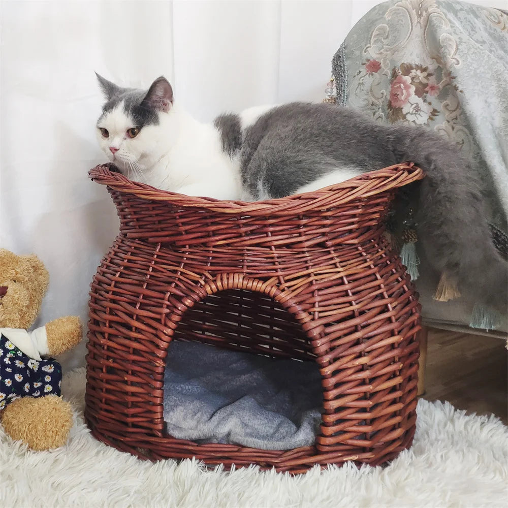 2-Tier Rattan Wicker Elevated Cat House Kitty Scratch Indoor Bed-Cave
