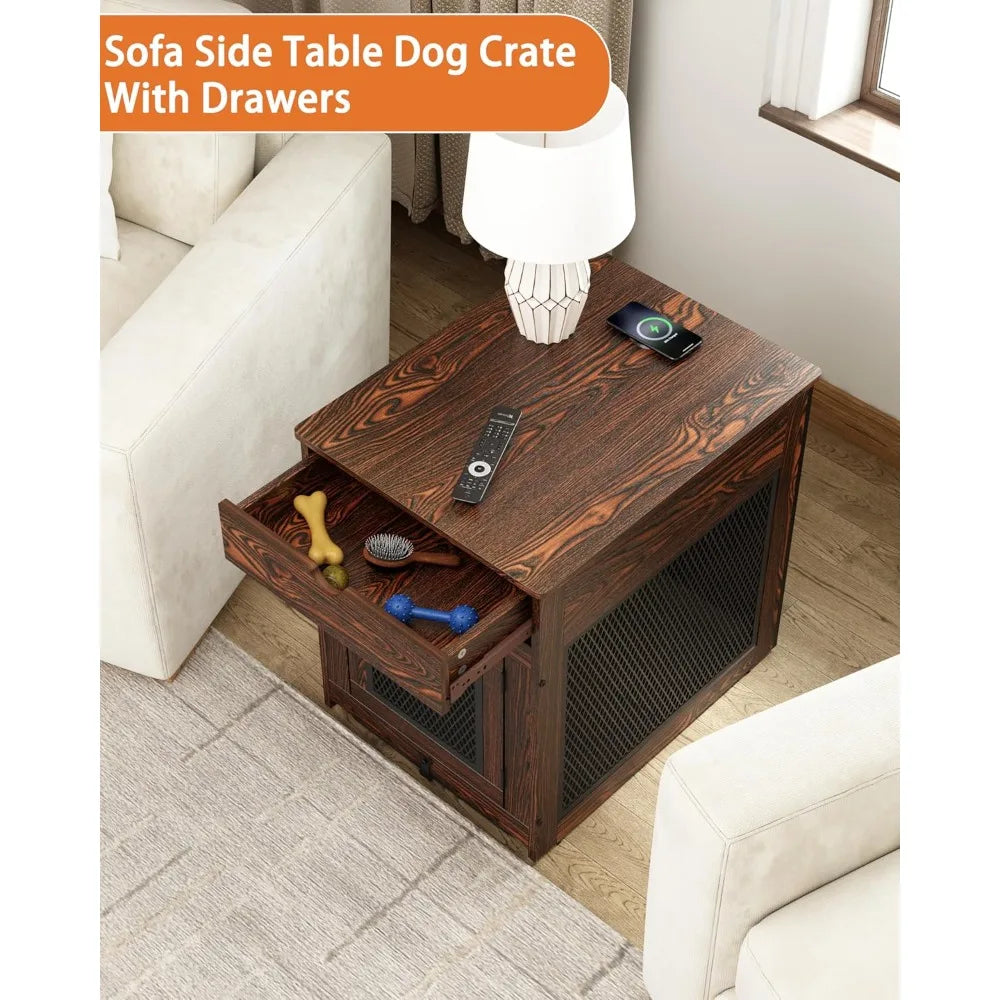 Wooden Dog Crate Furniture With Storage And Wireless Charging