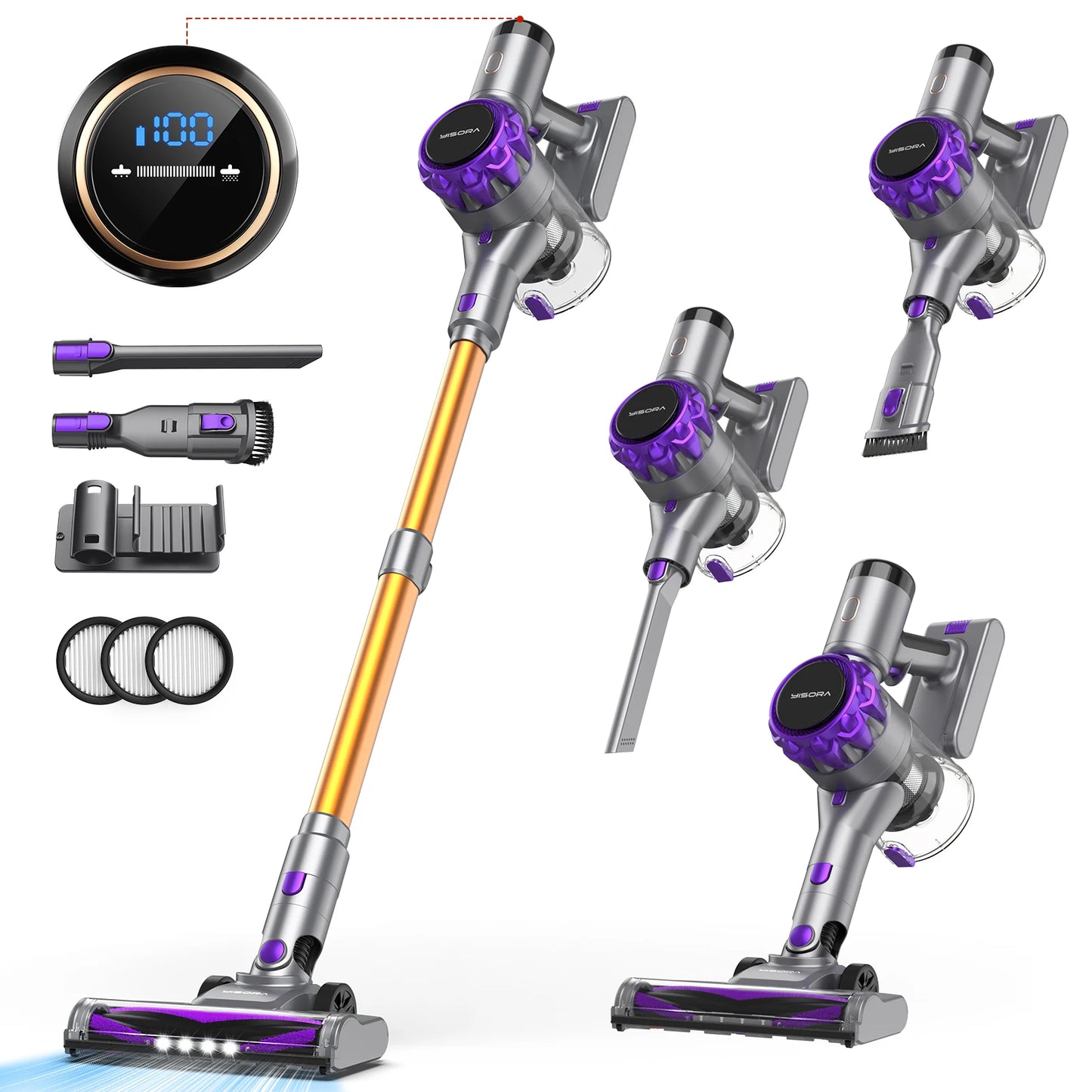 YISORA Cordless Vacuum Cleaner 40Kpa Powerful Suction 55 Minutes Wireless Runtime Touchscreen for Pet Hair and Carpet