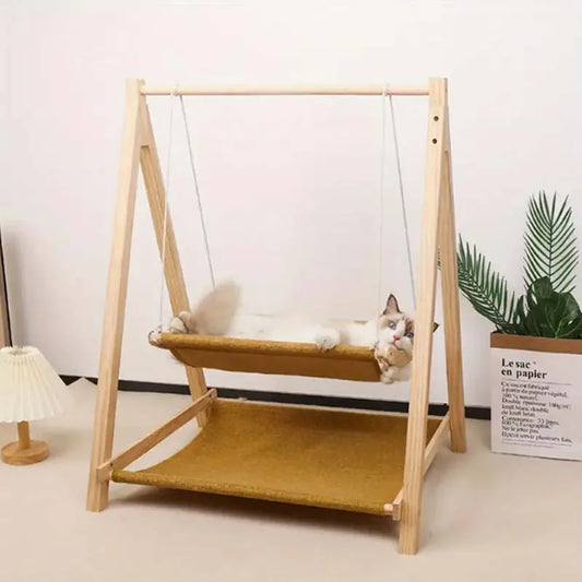 Cozy Dual Level Wooden Cat Swing Bed Raised Pet Hammock with Beige Fabric Sturdy All Season Comfort