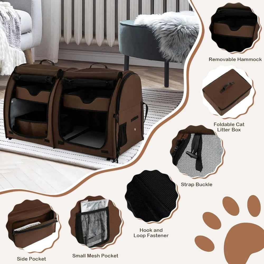 40 Inch Cat Carrier with Double Compartments and Removable Hammocks Portable Pet Kennel with Dual Use Mats and Litter Box