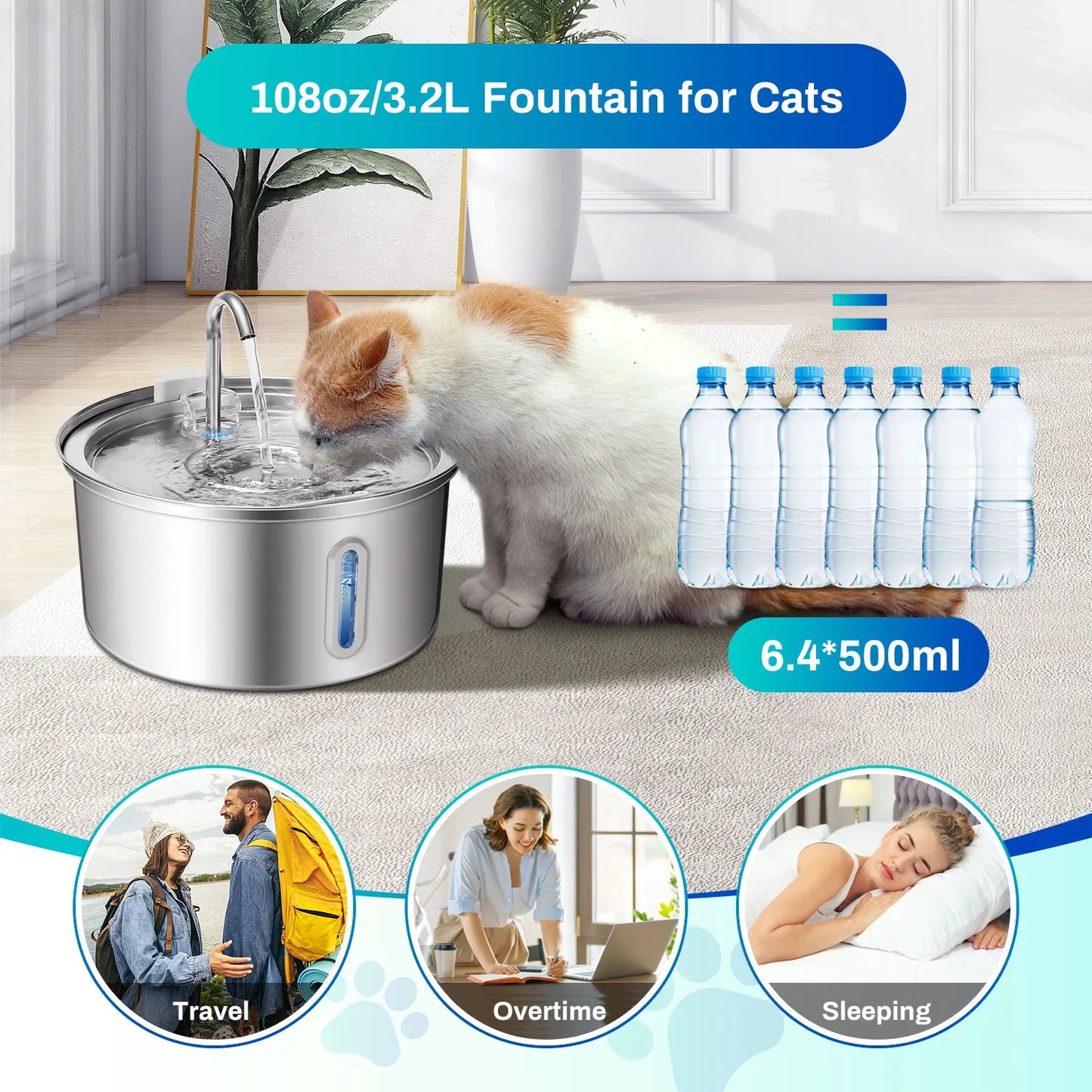 Cat Water Fountain Stainless Steel. Pet Water Fountain With Ultra Quiet Pump, Filtration System.