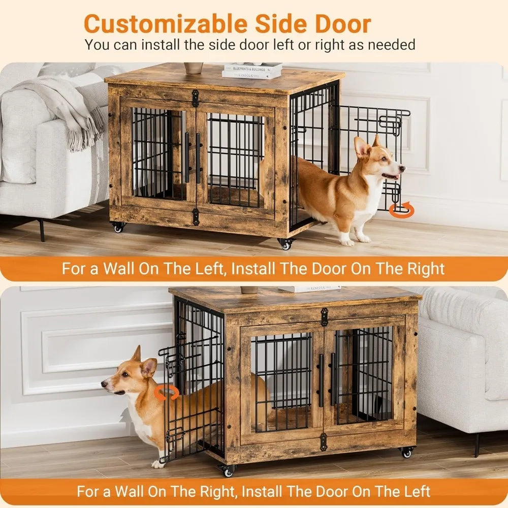 Dog Crate Furniture,  32'' Heavy Duty Crate with Cushion & Wheels