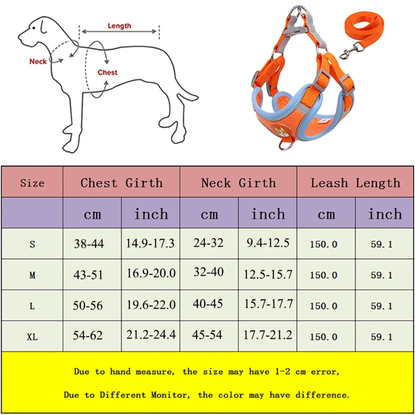 Dog Harness with 1.5m Traction Leash Set  Pull Dog Vest Strap Adjustable Reflective Breathable Harness