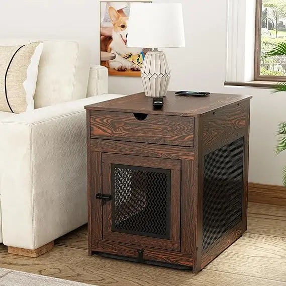 Wooden Dog Crate Furniture With Storage And Wireless Charging