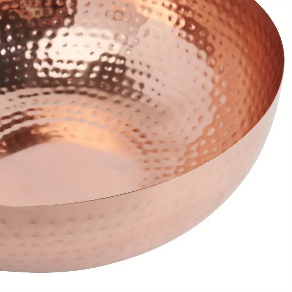 Round Hammered Copper Finish Metal Serving Bowl With Texture