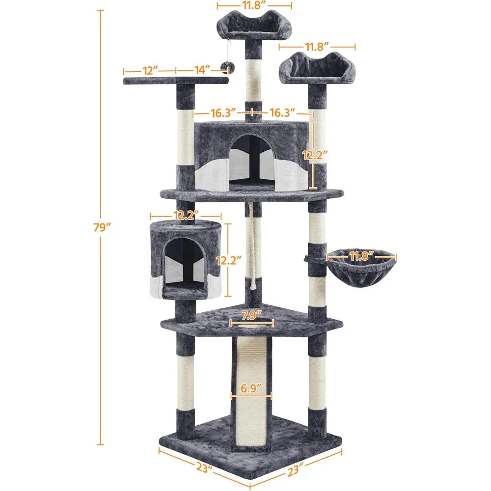79 Inch Multi Level Cat Tree Indoor Tower with Plush Perches and Scratching Posts for Kittens and Cats
