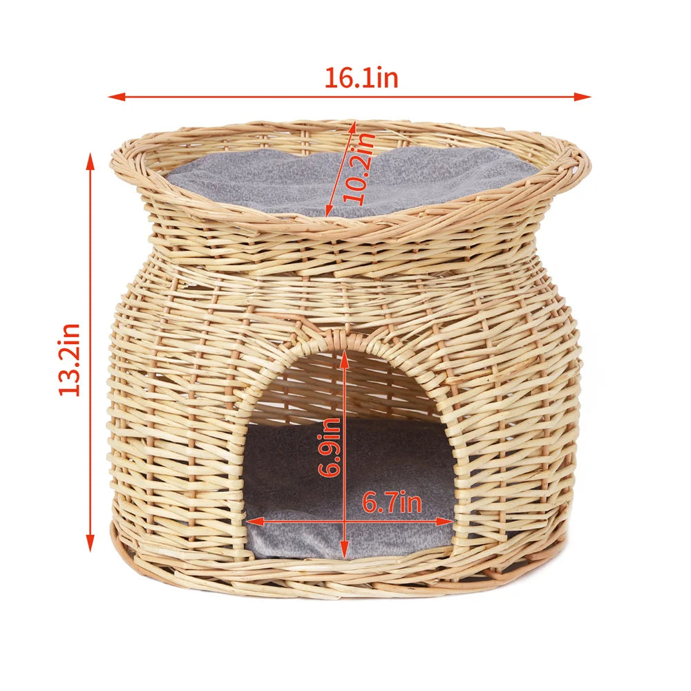 2-Tier Rattan Wicker Elevated Cat House Kitty Scratch Indoor  Bed-Cave