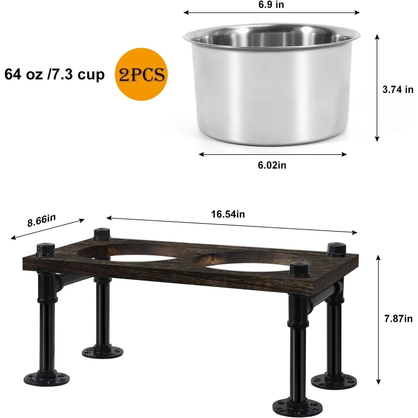 Raised Dog Bowl Stand for Large Dogs | 2 Stainless Bowls & Waterproof Wood Base