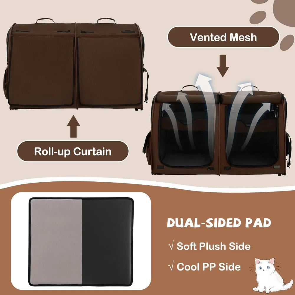 40 Inch Cat Carrier with Double Compartments and Removable Hammocks Portable Pet Kennel with Dual Use Mats and Litter Box