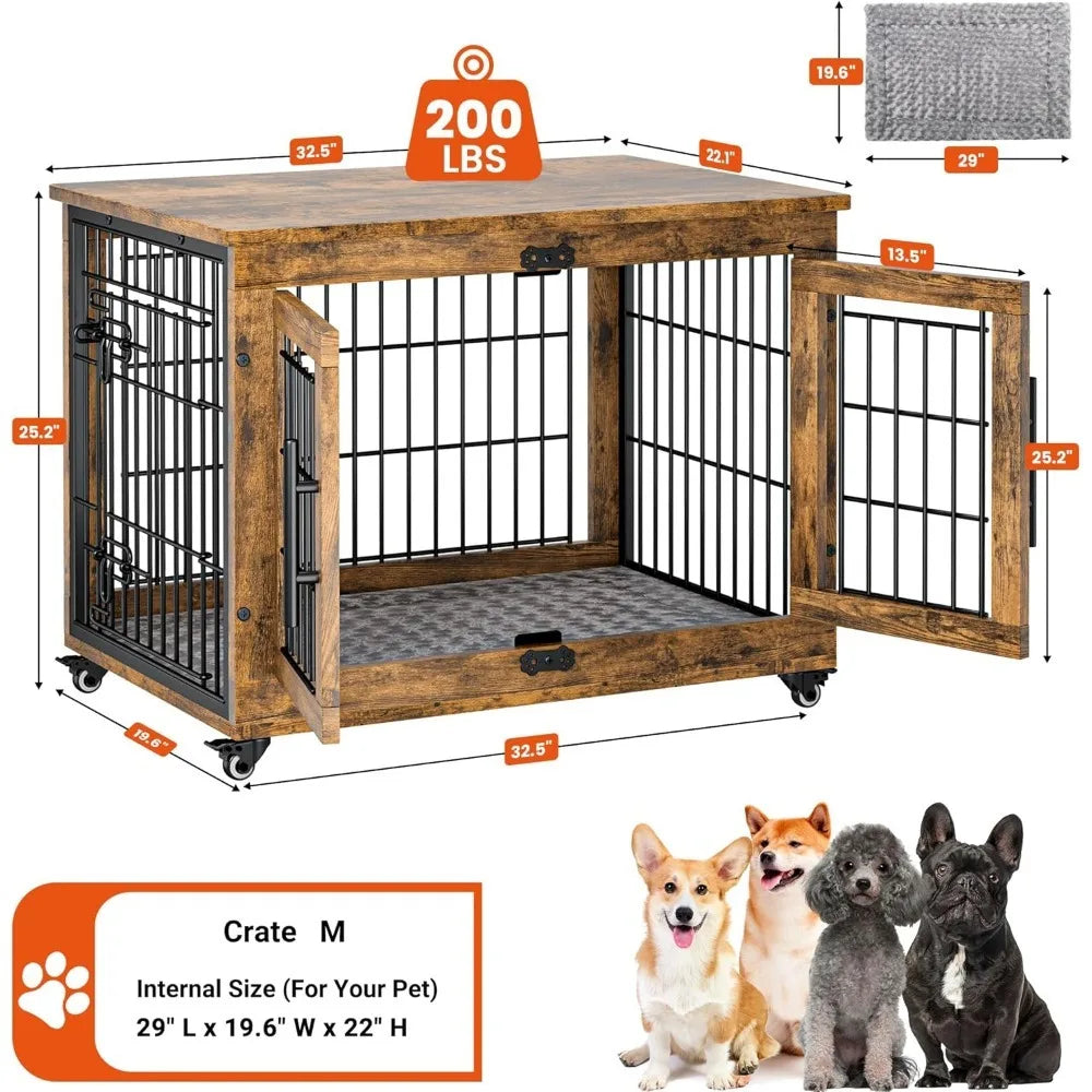 Dog Crate Furniture,  32'' Heavy Duty Crate with Cushion & Wheels