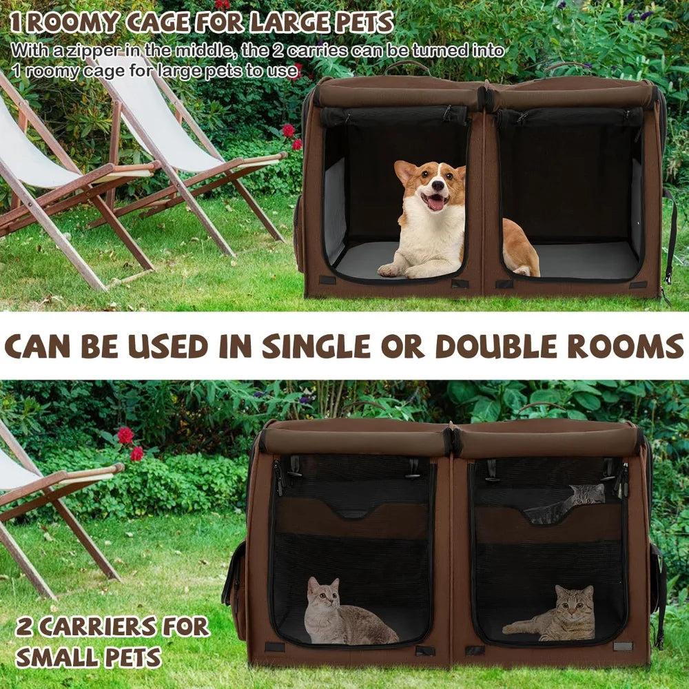 40 Inch Cat Carrier with Double Compartments and Removable Hammocks Portable Pet Kennel with Dual Use Mats and Litter Box