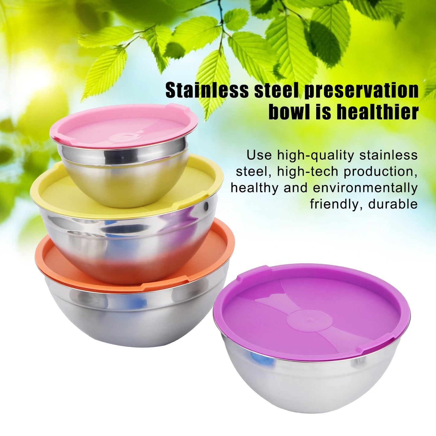 5 Piece Stainless Steel Mixing Bowl Set with Lids for Food Storage and Preservation in Home Kitchen