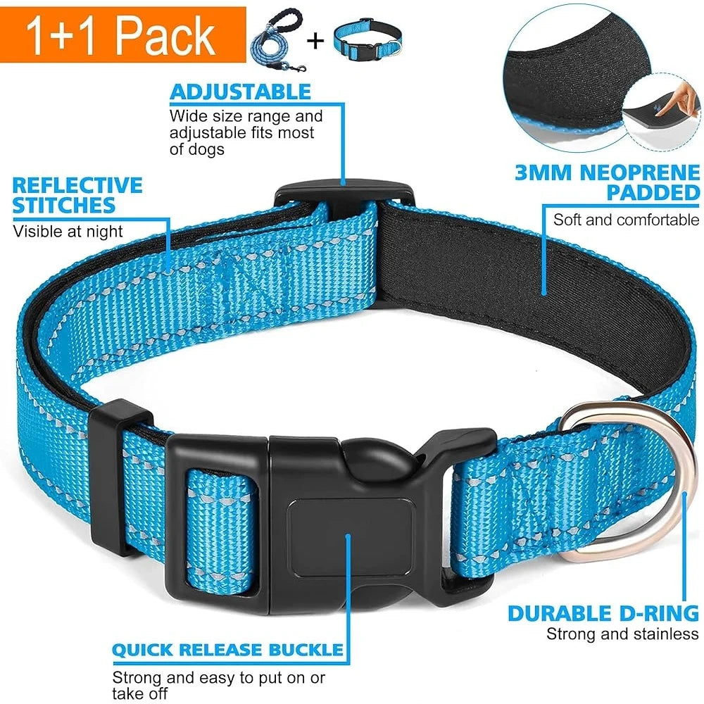 Adjustable Reflective Dog Collar Padded Neoprene Durable Nylon, Bonus 5ft Leash