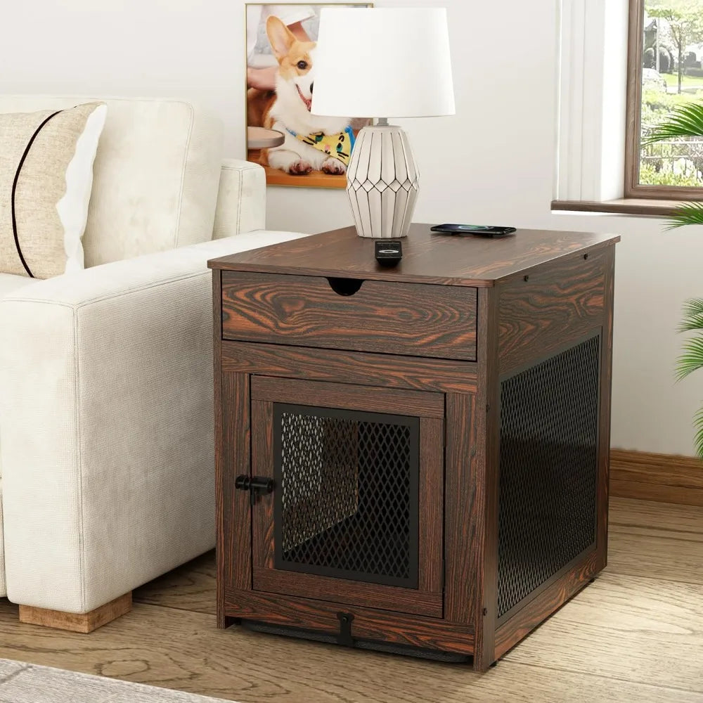 Wooden Dog Crate Furniture With Storage And Wireless Charging