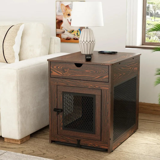 Wooden Dog Crate Furniture With Storage And Wireless Charging