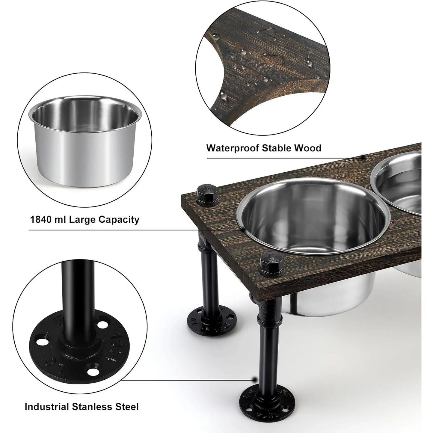Raised Dog Bowl Stand for Large Dogs | 2 Stainless Bowls & Waterproof Wood Base