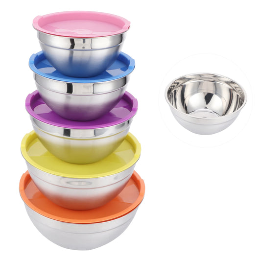 5 Piece Stainless Steel Mixing Bowl Set with Lids for Food Storage and Preservation in Home Kitchen
