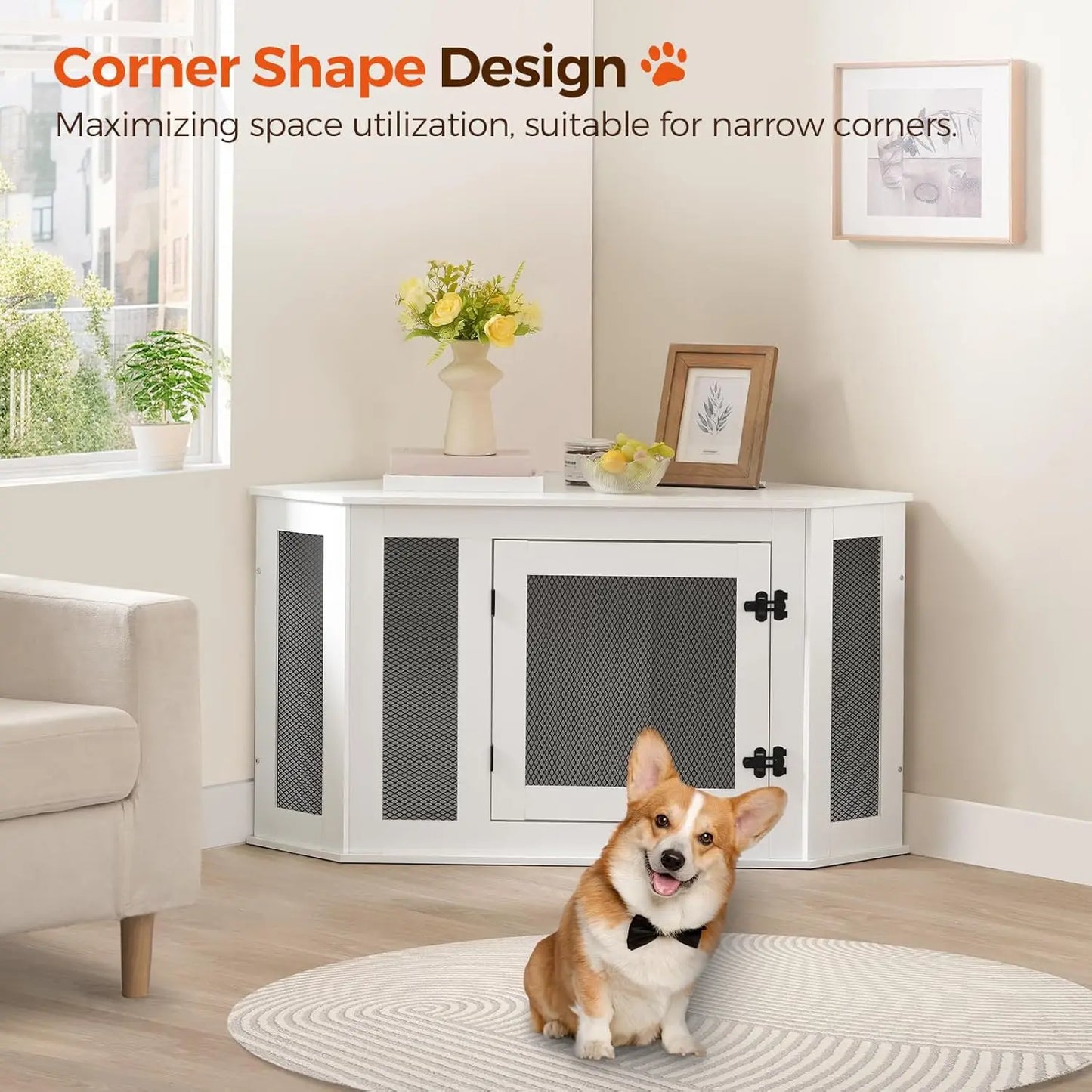 Corner Dog Crate Furniture Wooden Kennel End Table Decorative Pet Crate for Small and Medium Dogs