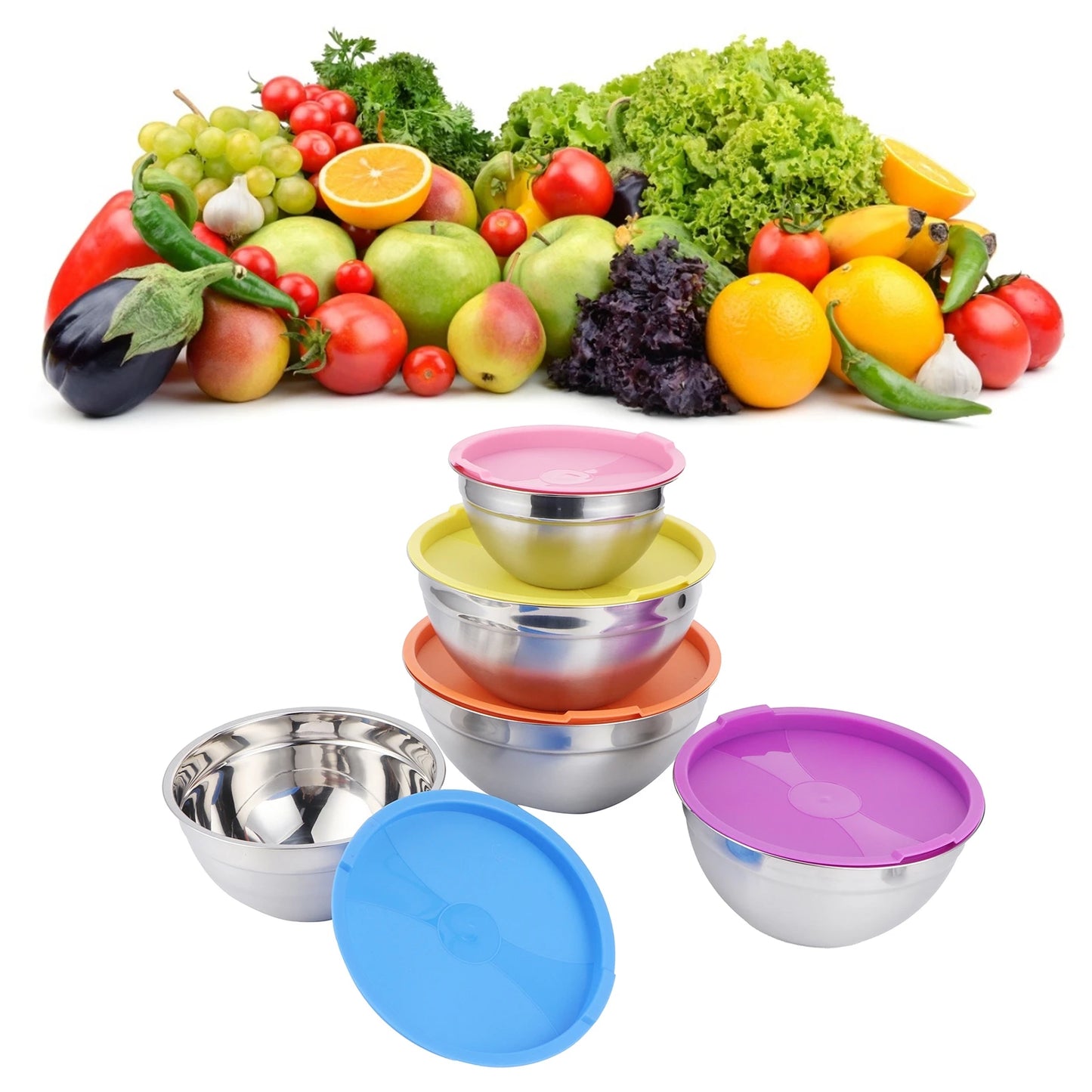 5 Piece Stainless Steel Mixing Bowl Set with Lids for Food Storage and Preservation in Home Kitchen