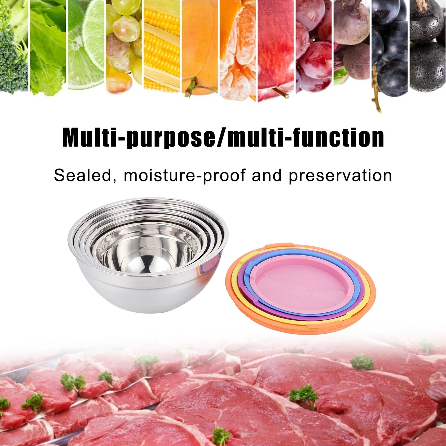 5 Piece Stainless Steel Mixing Bowl Set with Lids for Food Storage and Preservation in Home Kitchen