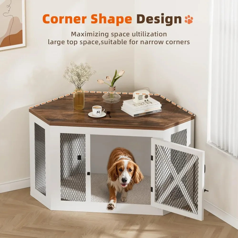 Corner Dog Crate Furniture Wooden Dog Kennel End Table with Mesh for Small Medium Large Dogs
