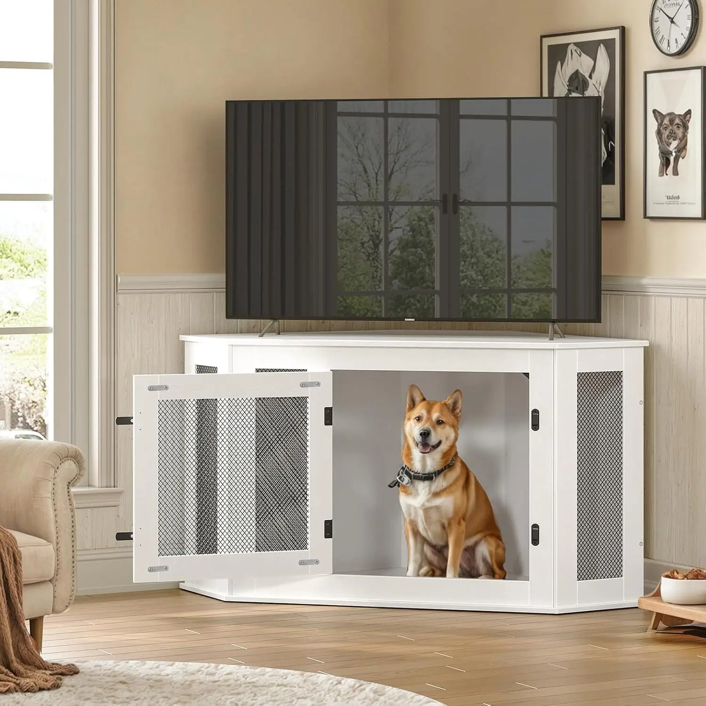 Corner Dog Crate Furniture Wooden Kennel End Table Decorative Pet Crate for Small and Medium Dogs