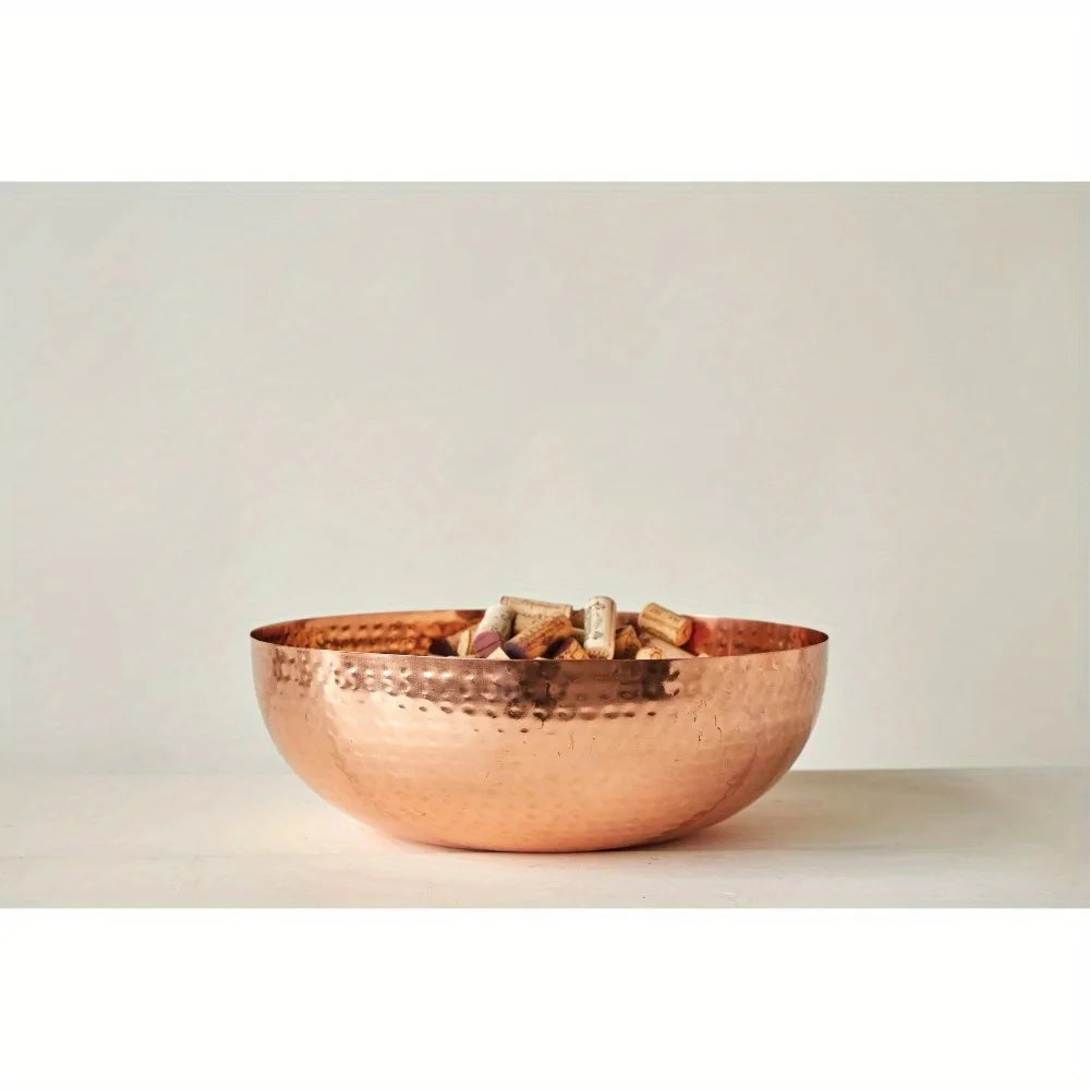 Round Hammered Copper Finish Metal Serving Bowl With Texture