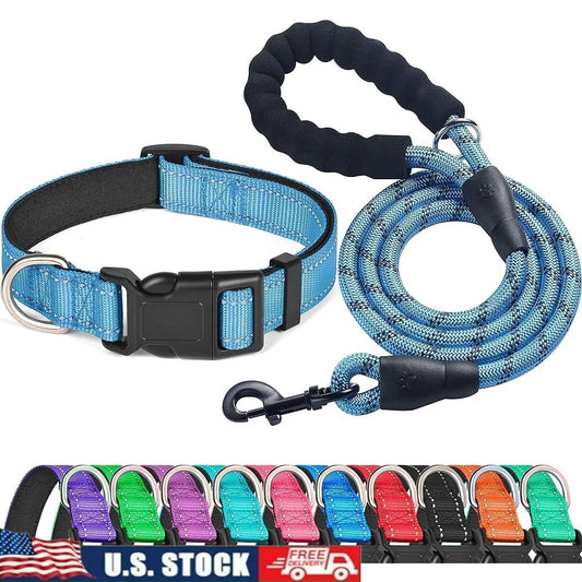 Adjustable Reflective Dog Collar Padded Neoprene Durable Nylon, Bonus 5ft Leash