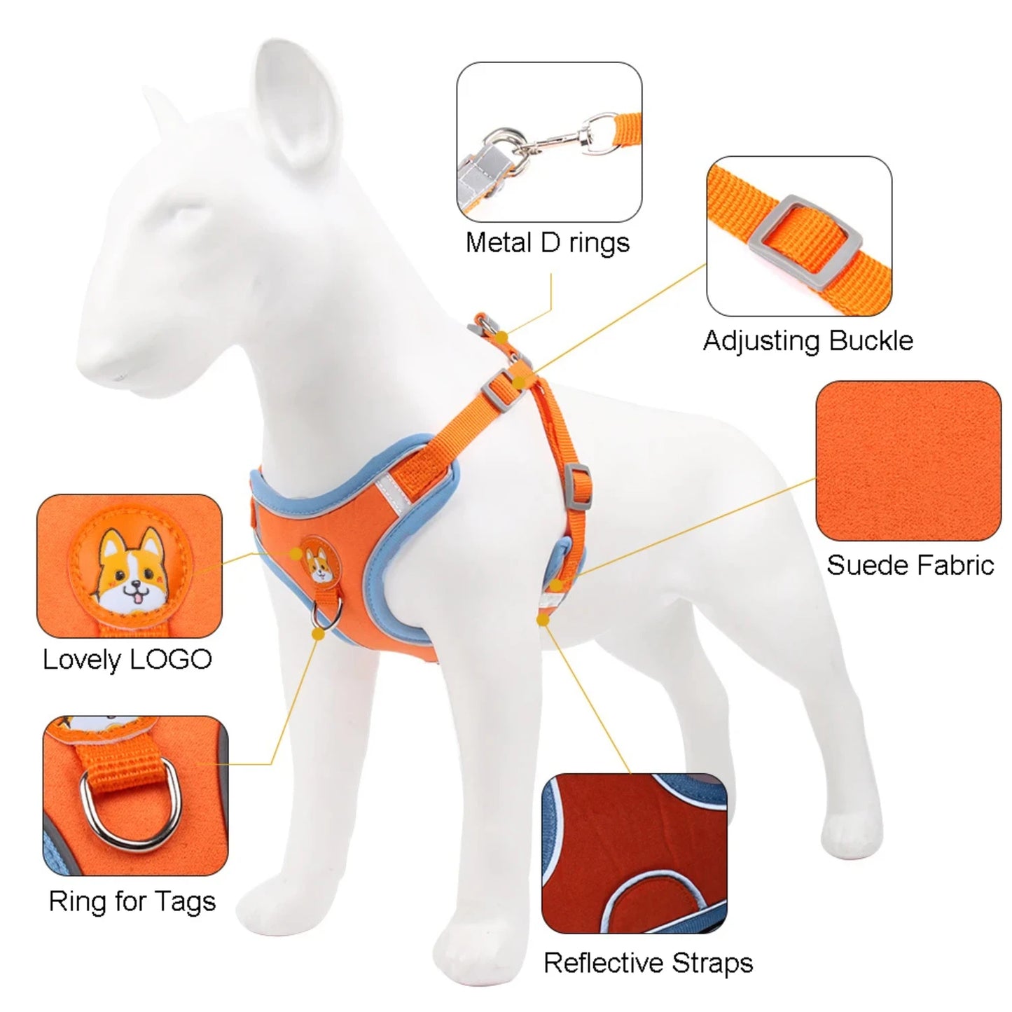 Dog Harness with 1.5m Traction Leash Set  Pull Dog Vest Strap Adjustable Reflective Breathable Harness