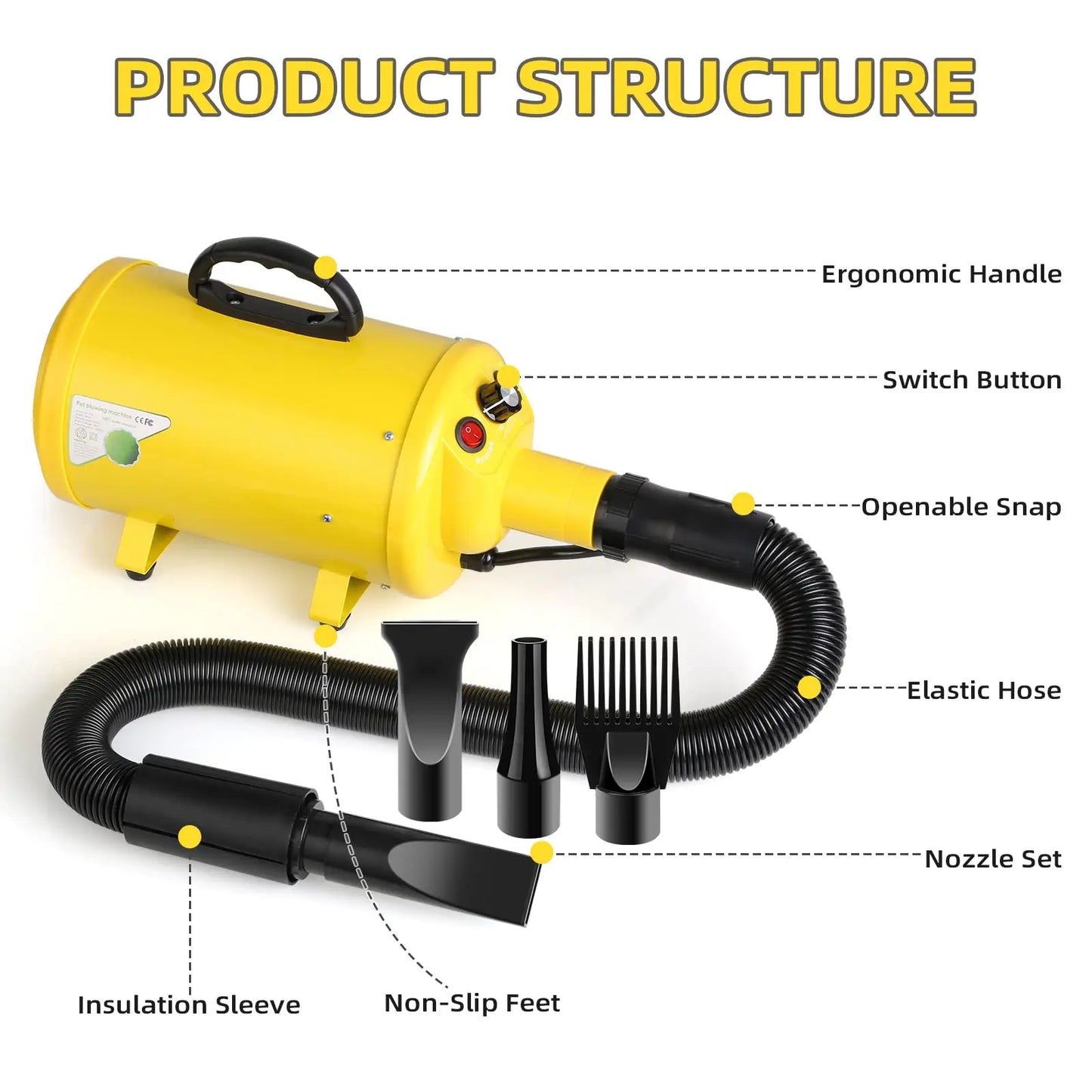 Dog Hair Dryer 3.8HP 2800W Powerful Pet Grooming Blower with Heat and Adjustable Speed