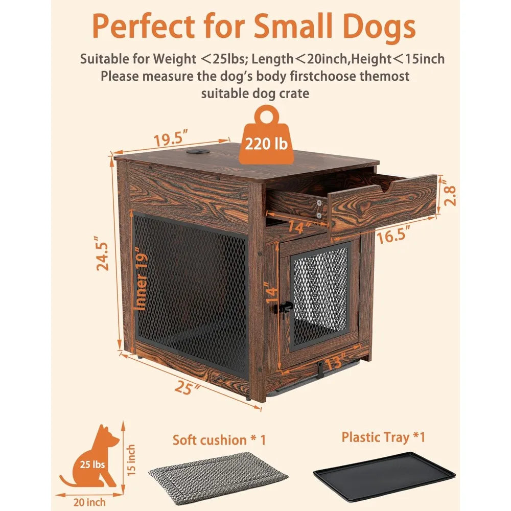 Wooden Dog Crate Furniture With Storage And Wireless Charging