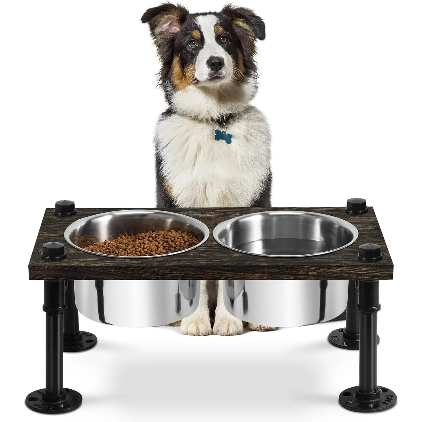 Raised Dog Bowl Stand for Large Dogs | 2 Stainless Bowls & Waterproof Wood Base