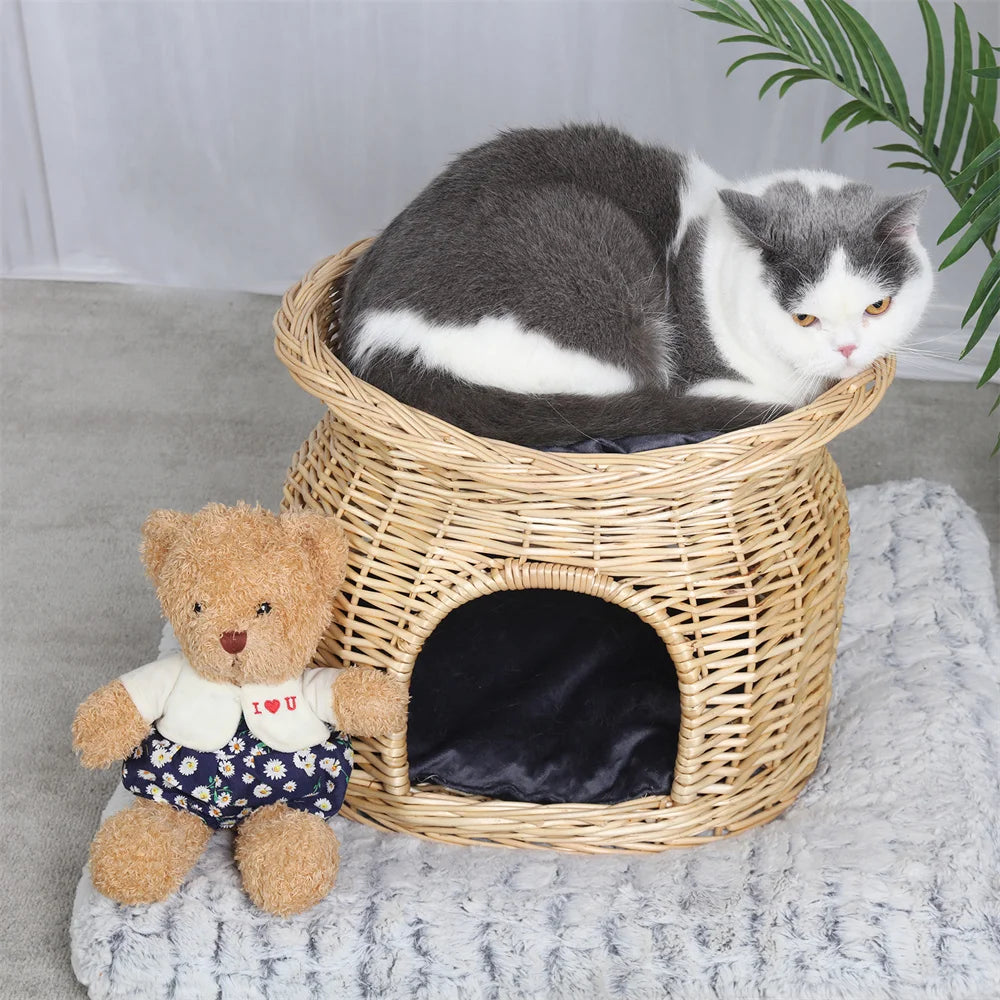 2-Tier Rattan Wicker Elevated Cat House Kitty Scratch Indoor  Bed-Cave