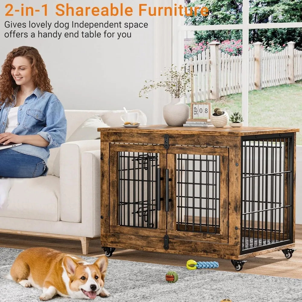 Dog Crate Furniture,  32'' Heavy Duty Crate with Cushion & Wheels