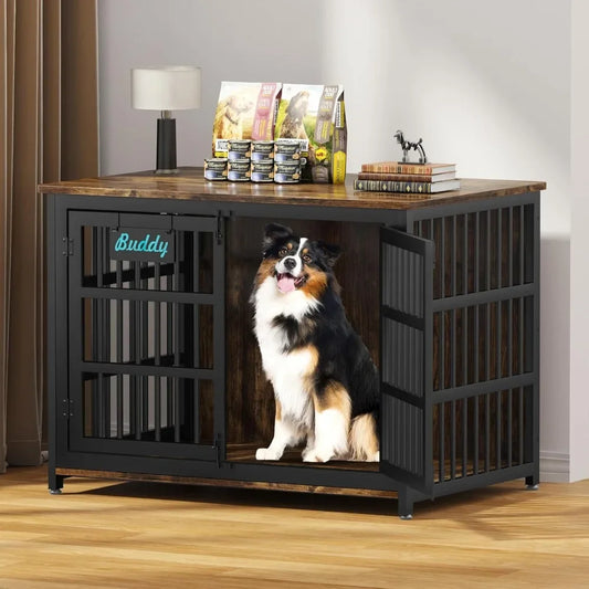 Dog Crate Furniture with Name Tag Heavy Duty Indoor Kennel for Large and Medium Dogs Double Door Sturdy Dog Cage