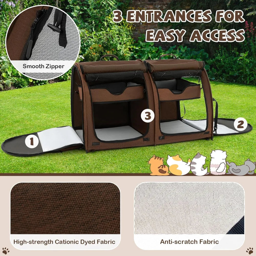 40 Inch Cat Carrier with Double Compartments and Removable Hammocks Portable Pet Kennel with Dual Use Mats and Litter Box