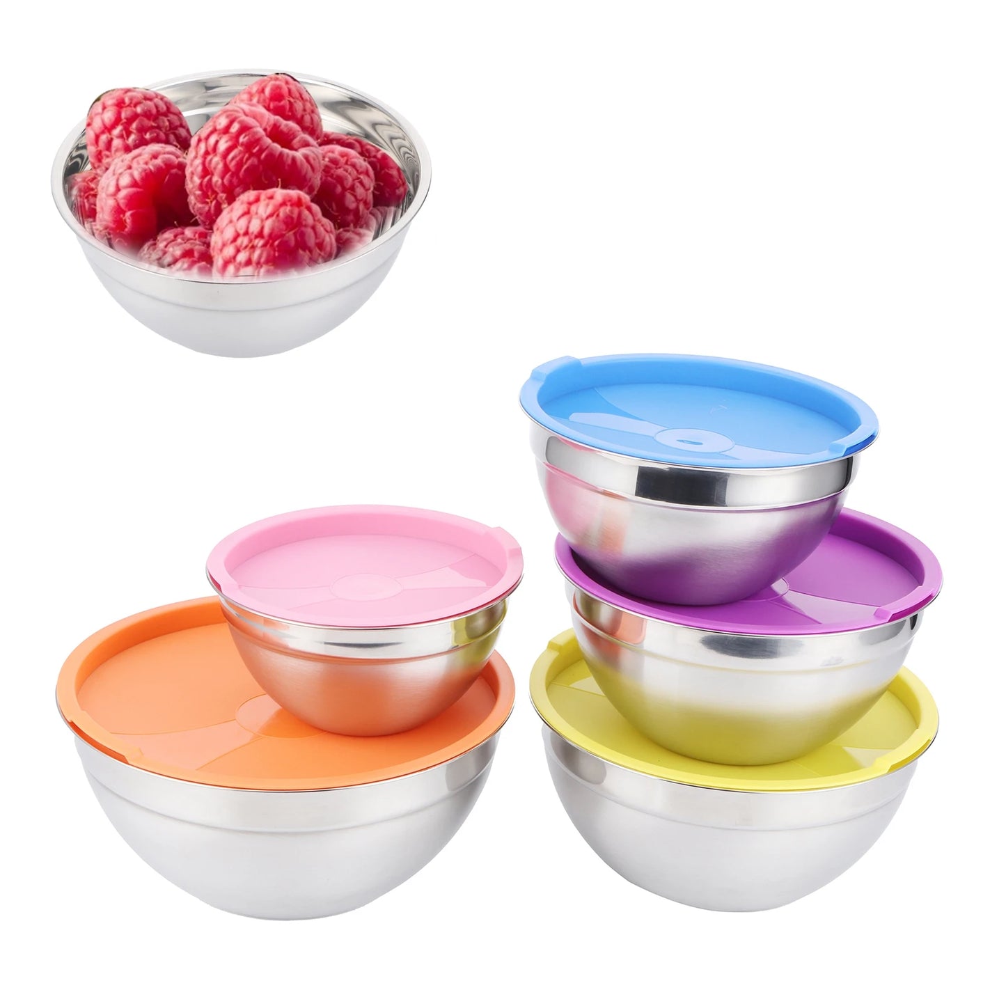 5 Piece Stainless Steel Mixing Bowl Set with Lids for Food Storage and Preservation in Home Kitchen