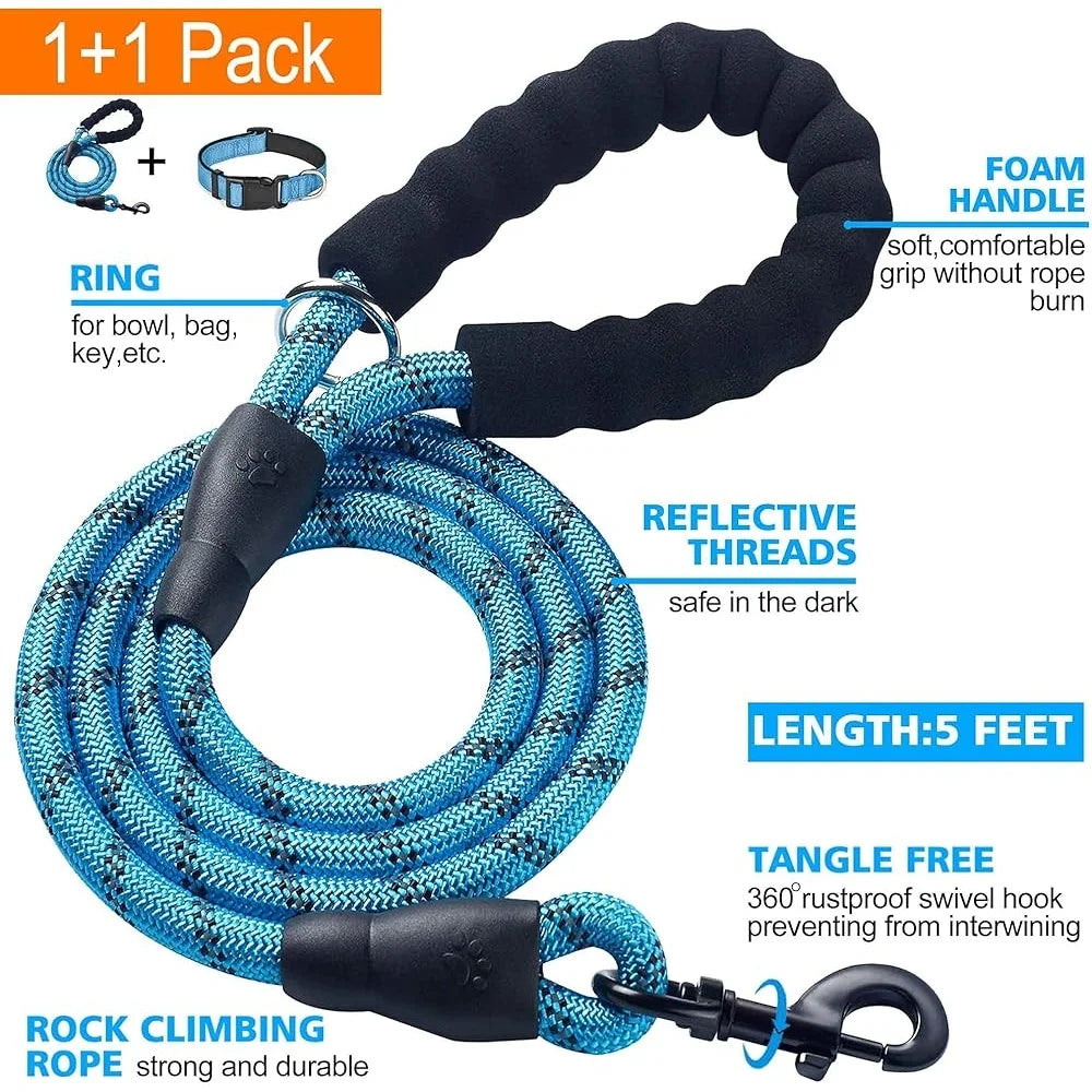 Adjustable Reflective Dog Collar Padded Neoprene Durable Nylon, Bonus 5ft Leash