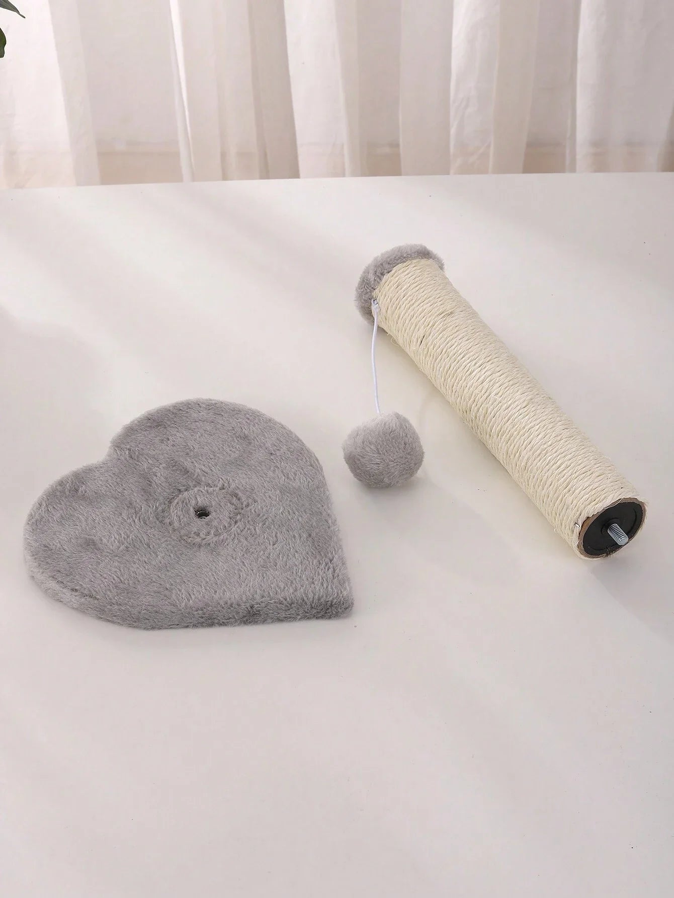 Grey Heart-Shaped Cozy Mat With Ball And Cat Scratch Toy