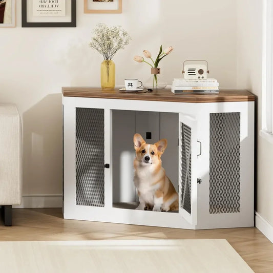 Corner Dog Crate Furniture Wooden Dog Kennel End Table with Mesh for Small Medium Large Dogs